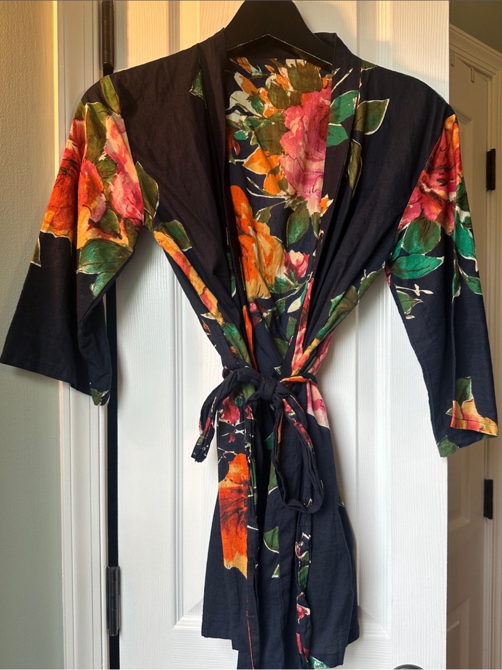 Floral Kimono Wrap/Robe — Navy with Multicolor Blooms